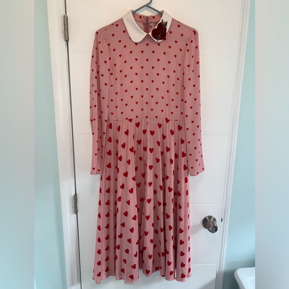 VALENTINO Valentines Heart Midi Maxi Pleated Chine Red Pink Heart Dress 38 8 - Picture 11 of 16